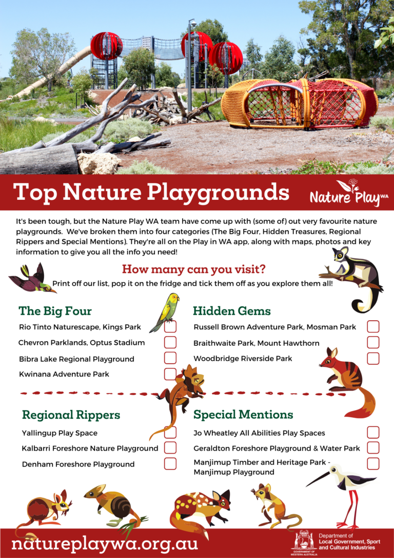 A one page printable list of the best WA nature playgrounds