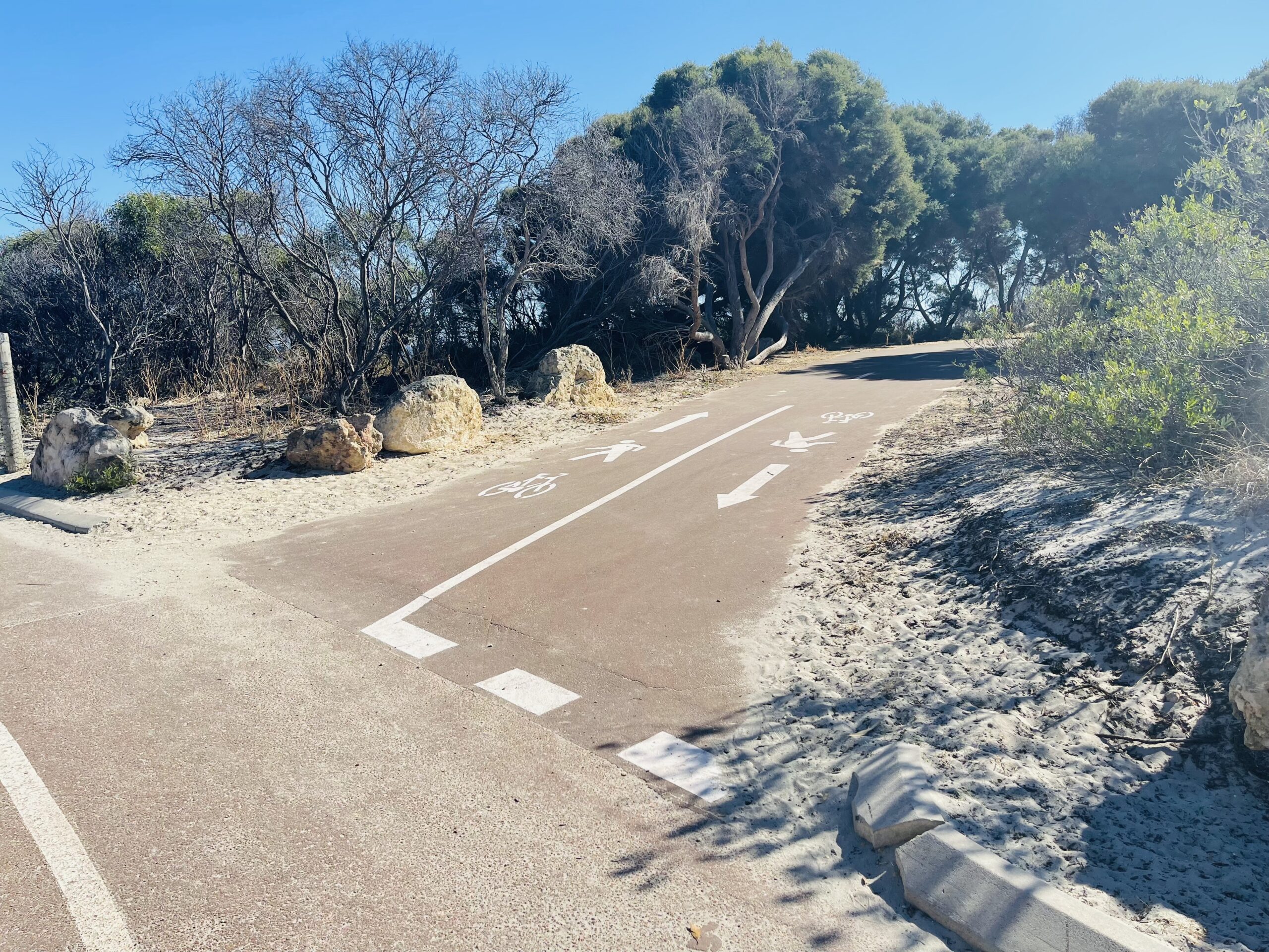 This photograph shows one of many dual use pathways at John Graham Reserve. The pathway is marked with directional lines and symbols to help users share the pathway with others. The concrete path is red in colour with white lines and symbols and is surrounded by white sand, rocks and trees with green leaves. The sky is blue and it’s a sunny day with no clouds in the sky.