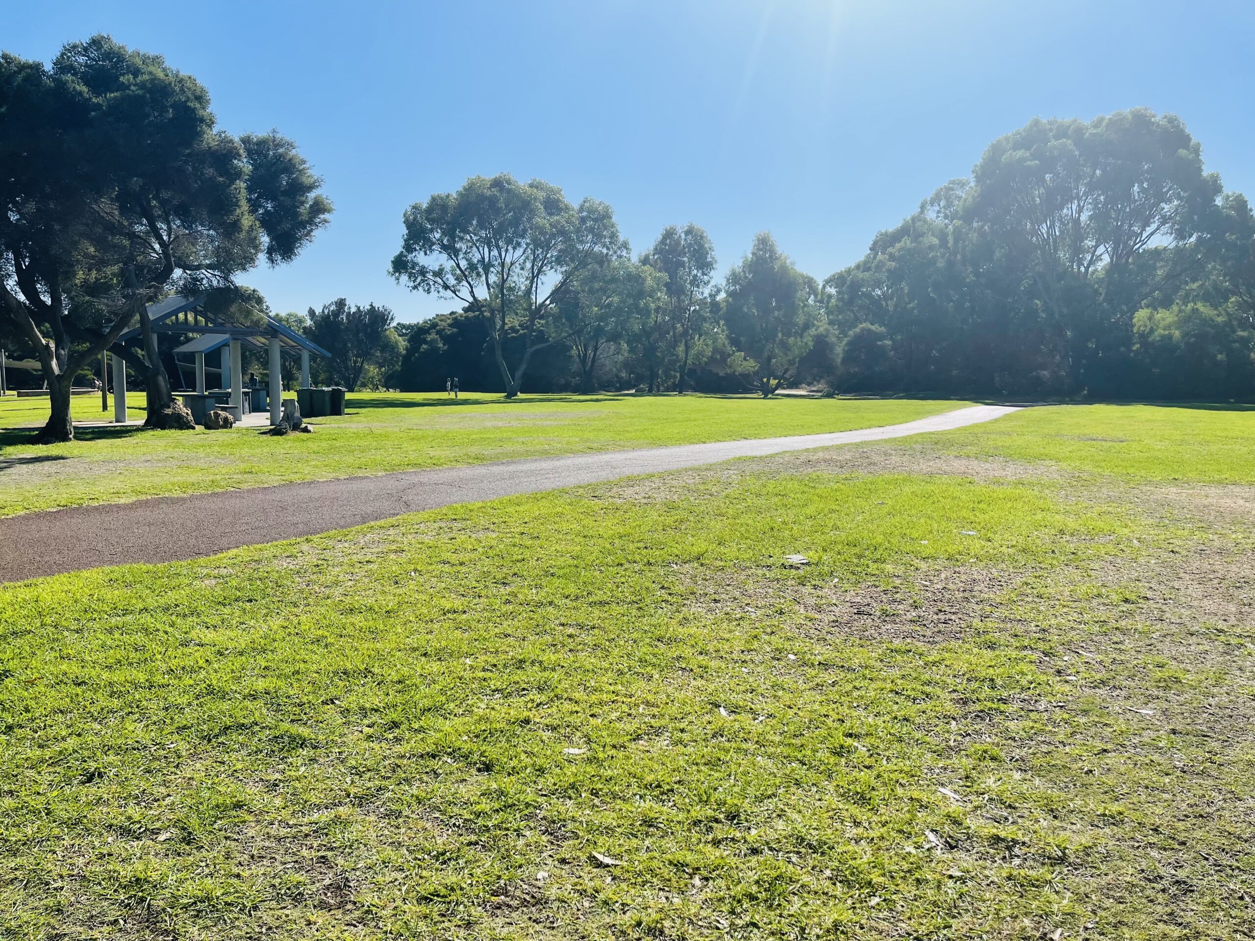 This photograph was taken overlooking John Graham Reserve on a clear and sunny day. The wide concrete pathway can be seen leading from left to right, and is surrounded by green grass with patches of brown. There are big green trees in the background, and two sheltered picnic sites can be seen with rubbish bins next to them. The sky is blue with no clouds.
