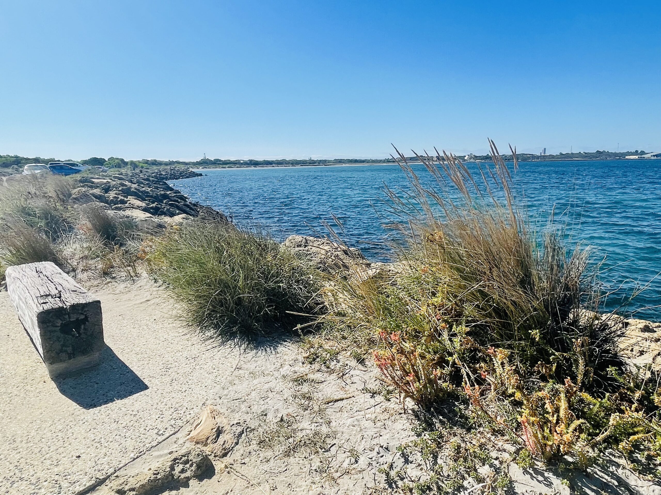 This photograph was taken of seating located in the main car park at Woodman Point Headland overlooking the ocean. The seat is a light brown wooden beam which sits on a concrete path. The shoreline is surrounded by green shrubs and rocks which overlook the dark blue ocean. The sky is blue and there are no clouds in the sky.