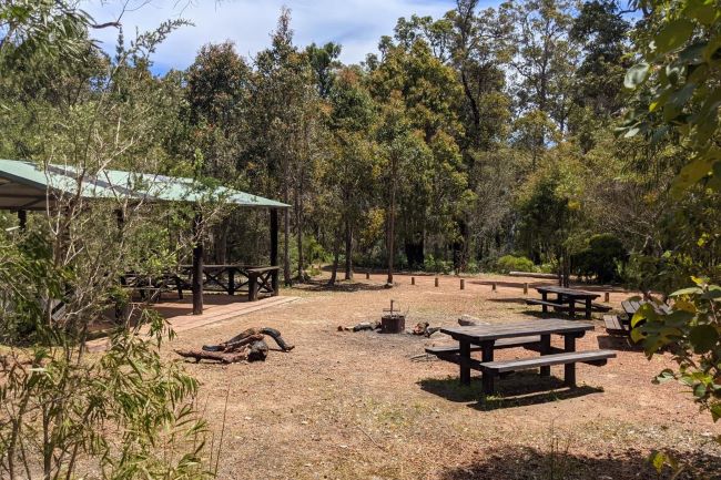 This photo shows the camping facilities at Warner Glen. A covered pergola area on the left of the photograph has a light green tin roof and dark brown wooden pillars and beams. The building sits on a light brown paved area which is surrounded by loose rocks and dirt. Three (3) brown picnic benches sit around a small dark brown campfire. Trees surround the campsite with long, thin trunks and green and yellow leaves. The sky above is visible above the tree tops and appears white with thick cloud coverage.