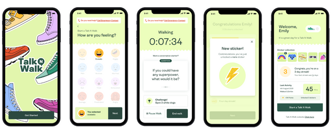 Five screenshots of the Talk N Walk app, including the launch page, emoji page, walking timer screen, digital sticker reward, and app dashboard.