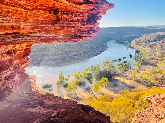 This photograph was taken in Nature’s Window and shows the rocky deep red and cream gorge wall on the right, and the Murchison River in the distance on the left. The river is brown in colour and weaves through the landscape which is covered in small green trees. The sky above is light blue in colour. 