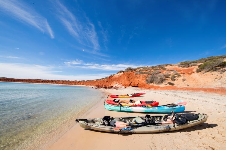 A photo of four kayaks laying on the beach, right by the water at Cape Peron. The water is clear, flat and calm. The sky above is bright blue, with a few white whispy clouds.