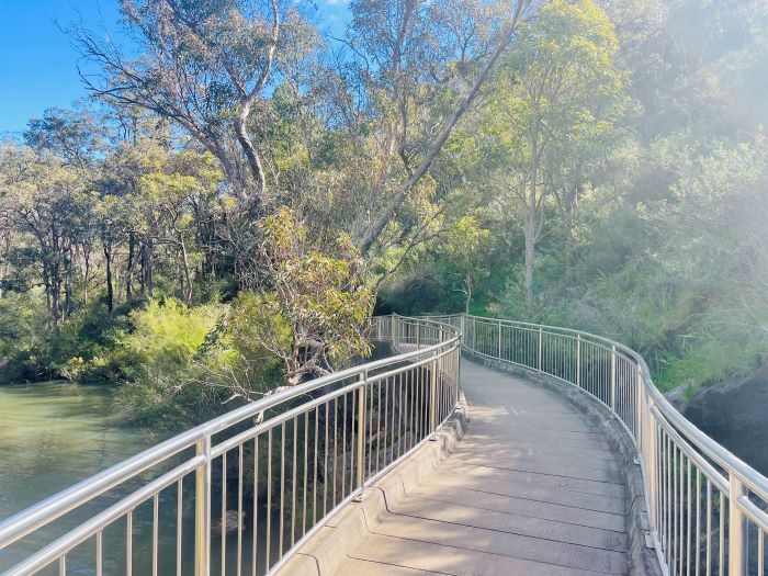 A photo of a flat walkway with metal railings winding over the Serpentine River and through green trees and bushland.
