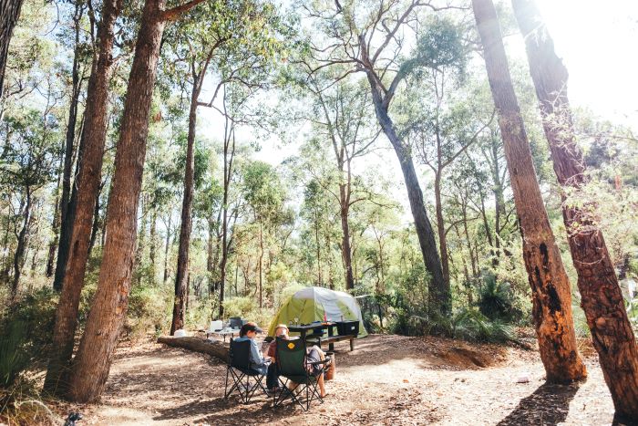 A photo of a camping site at Lane Poole Reserve. Two people sit on camp chairs facing away from the camera. A tent and picnic bench can be seen in the background. Tall trees and bush surround the campsite.