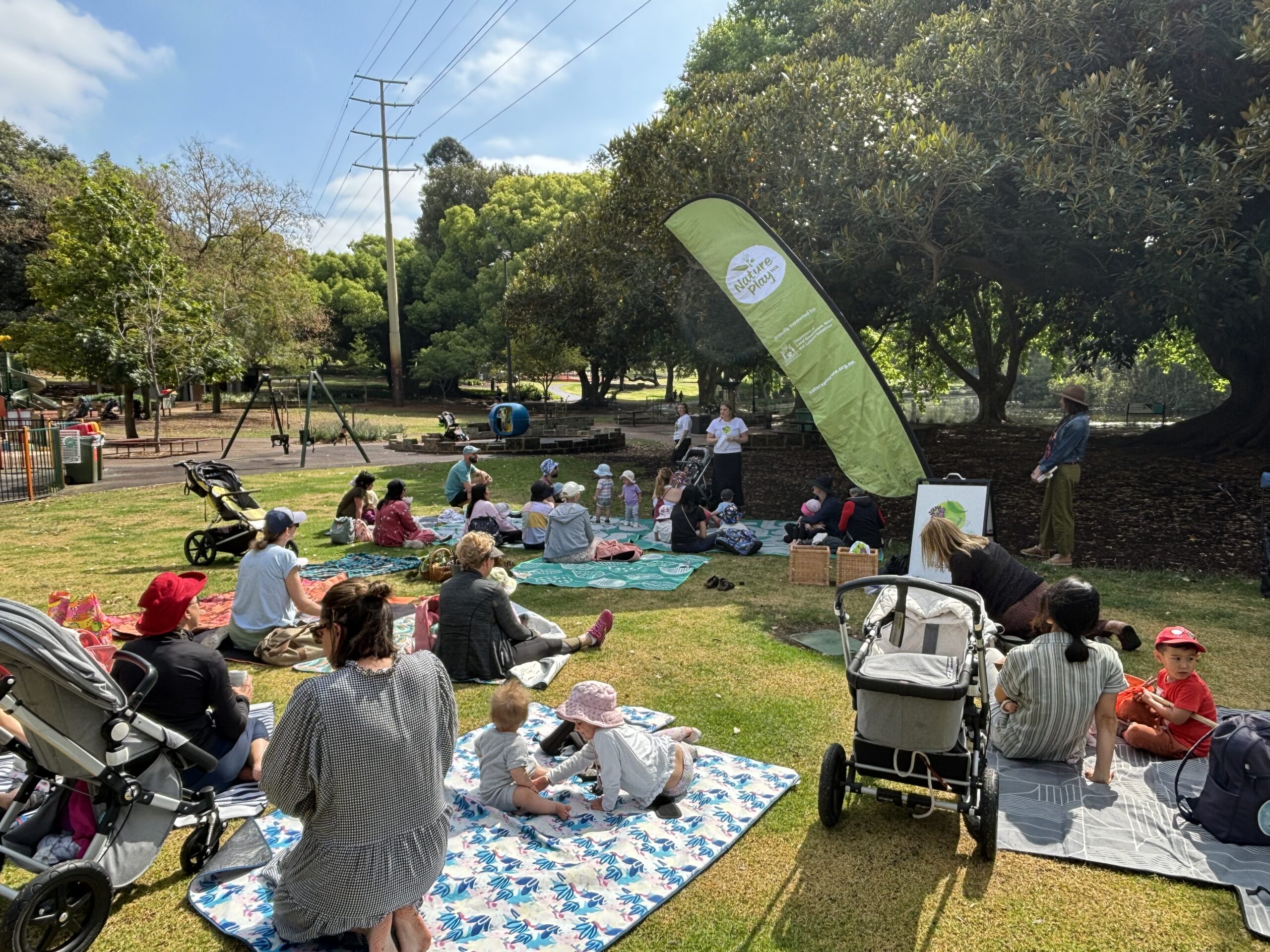 Group shot of families taking part in Nature Play in the Park at Hyde Park City of Vincent.