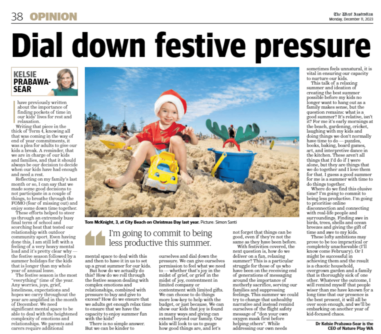 A screenshot of Nature Play WA CEO Dr Kelsie Prabawa-Sear's article in The West Australian