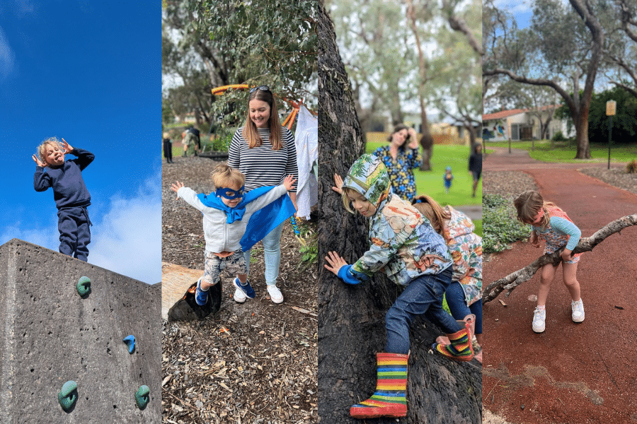 A collage of four photos featuring young kids taking part in risky play outdoors - being up high, jumping. climbing and playing with sticks.