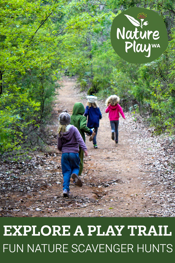 Nature Play WA's Play Trails for Families tile featuring four children running down a forest path