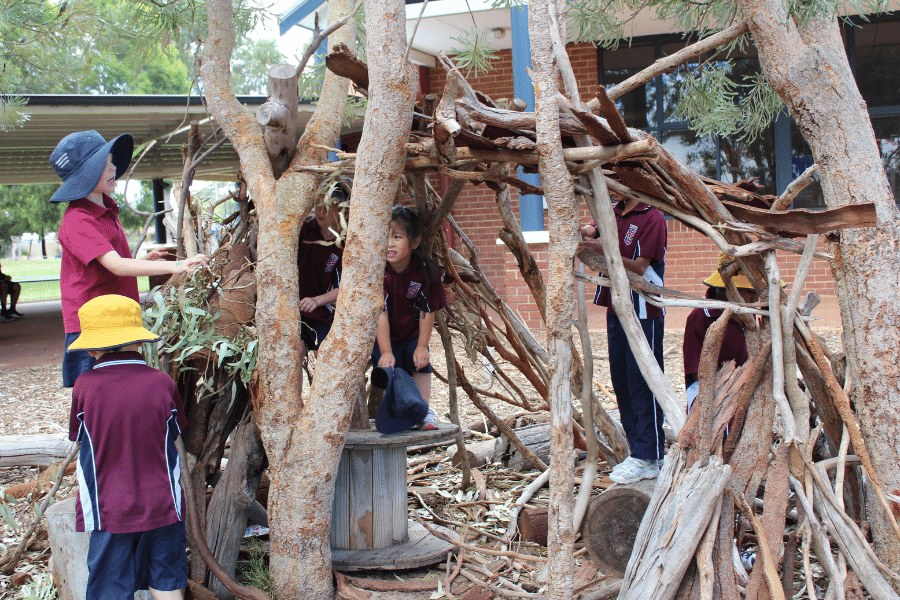 Primary school students work together to build a cubby using sticks and branches.