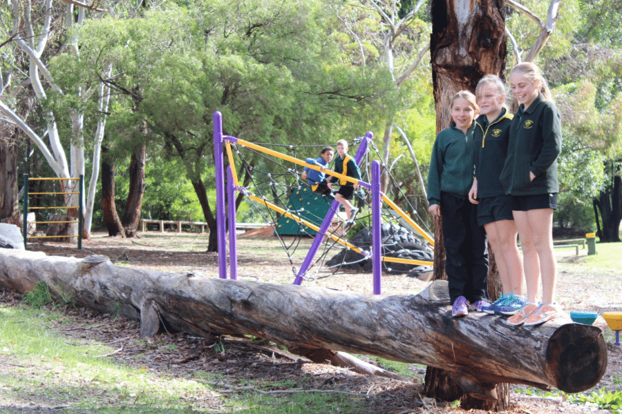 Primary school students stand on a log in their school playground, smiling.